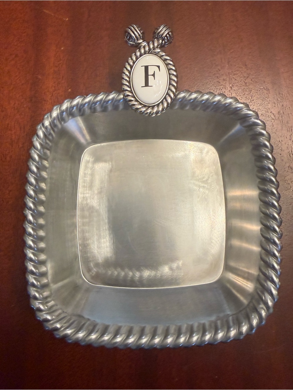 Mud Pie Silver-Tone Square Serving Bowl with Monogram Accent
